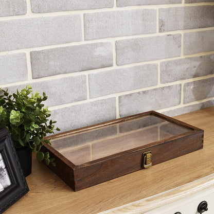 2 Pcs Wood Tempered Glass Top Jewelry Display Case Accessories Storage Box with Metal Clasp, Wooden Jewelry Tray for Collectibles, Pocket Knife Display Case, Brown Color