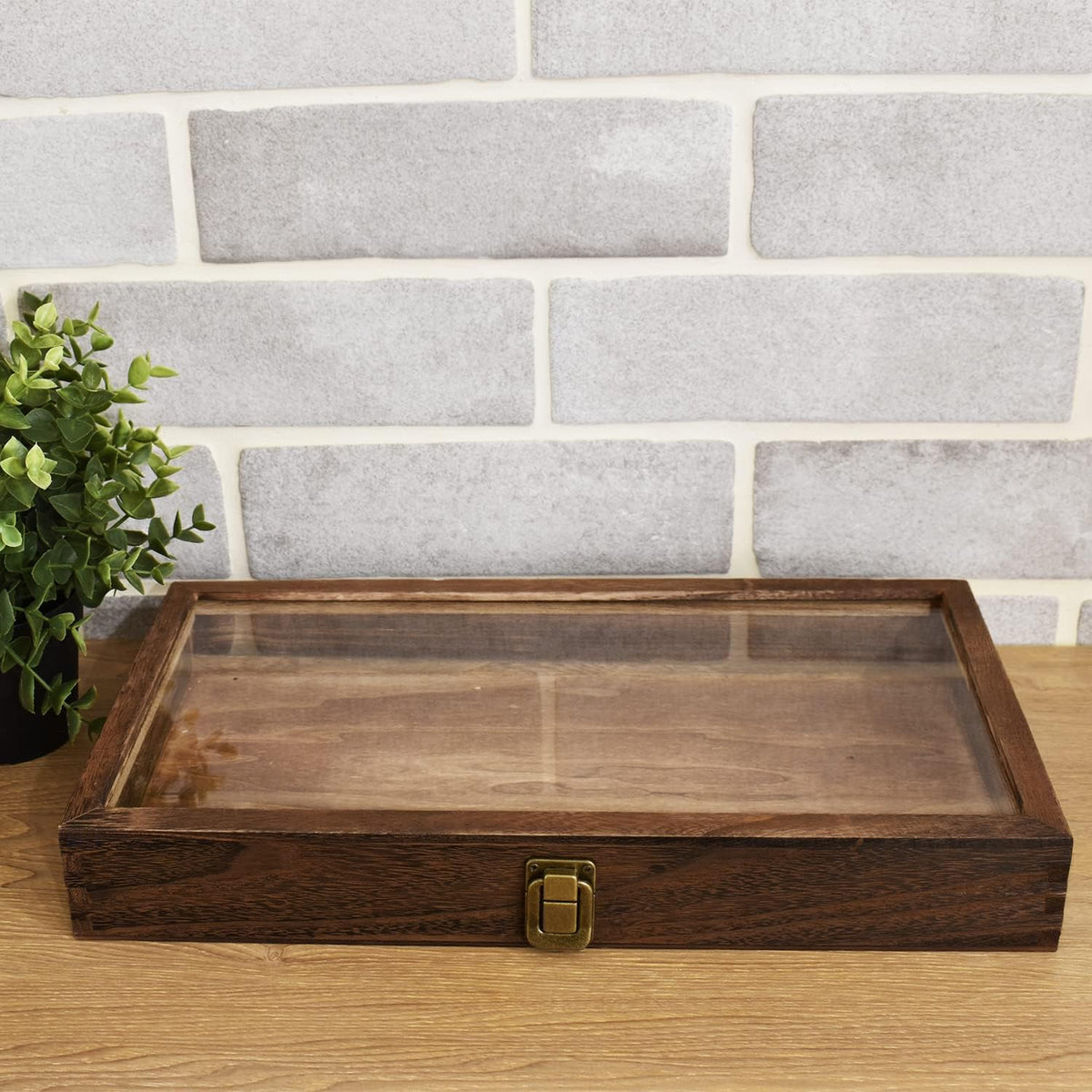 2 Pcs Wood Tempered Glass Top Jewelry Display Case Accessories Storage Box with Metal Clasp, Wooden Jewelry Tray for Collectibles, Pocket Knife Display Case, Brown Color