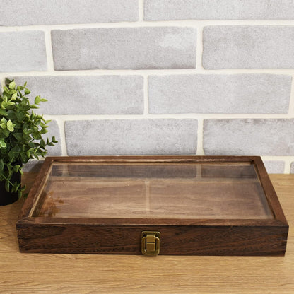 2 Pcs Wood Tempered Glass Top Jewelry Display Case Accessories Storage Box with Metal Clasp, Wooden Jewelry Tray for Collectibles, Pocket Knife Display Case, Brown Color