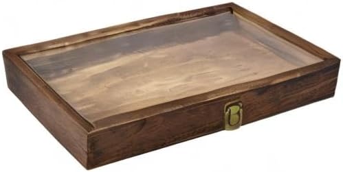 2 Pcs Wood Tempered Glass Top Jewelry Display Case Accessories Storage Box with Metal Clasp, Wooden Jewelry Tray for Collectibles, Pocket Knife Display Case, Brown Color
