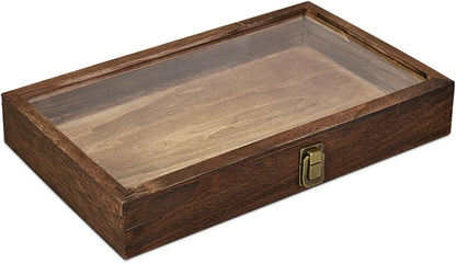 2 Pcs Wood Tempered Glass Top Jewelry Display Case Accessories Storage Box with Metal Clasp, Wooden Jewelry Tray for Collectibles, Pocket Knife Display Case, Brown Color