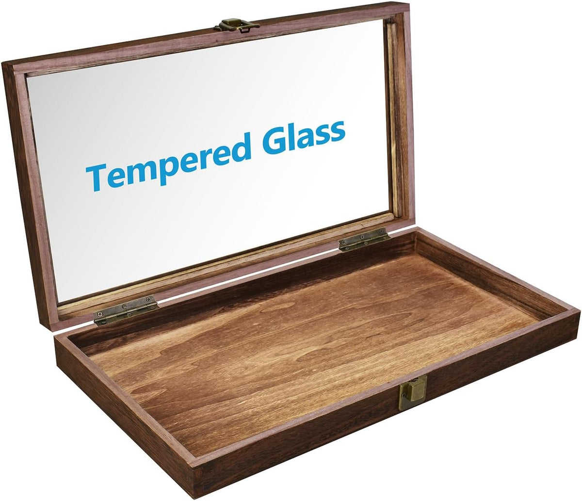 2 Pcs Wood Tempered Glass Top Jewelry Display Case Accessories Storage Box with Metal Clasp, Wooden Jewelry Tray for Collectibles, Pocket Knife Display Case, Brown Color