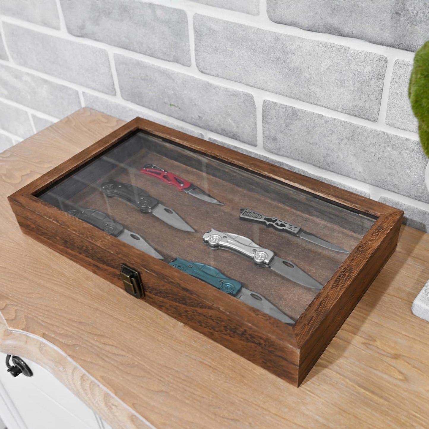 2 Pcs Wood Tempered Glass Top Jewelry Display Case Accessories Storage Box with Metal Clasp, Wooden Jewelry Tray for Collectibles, Pocket Knife Display Case, Brown Color