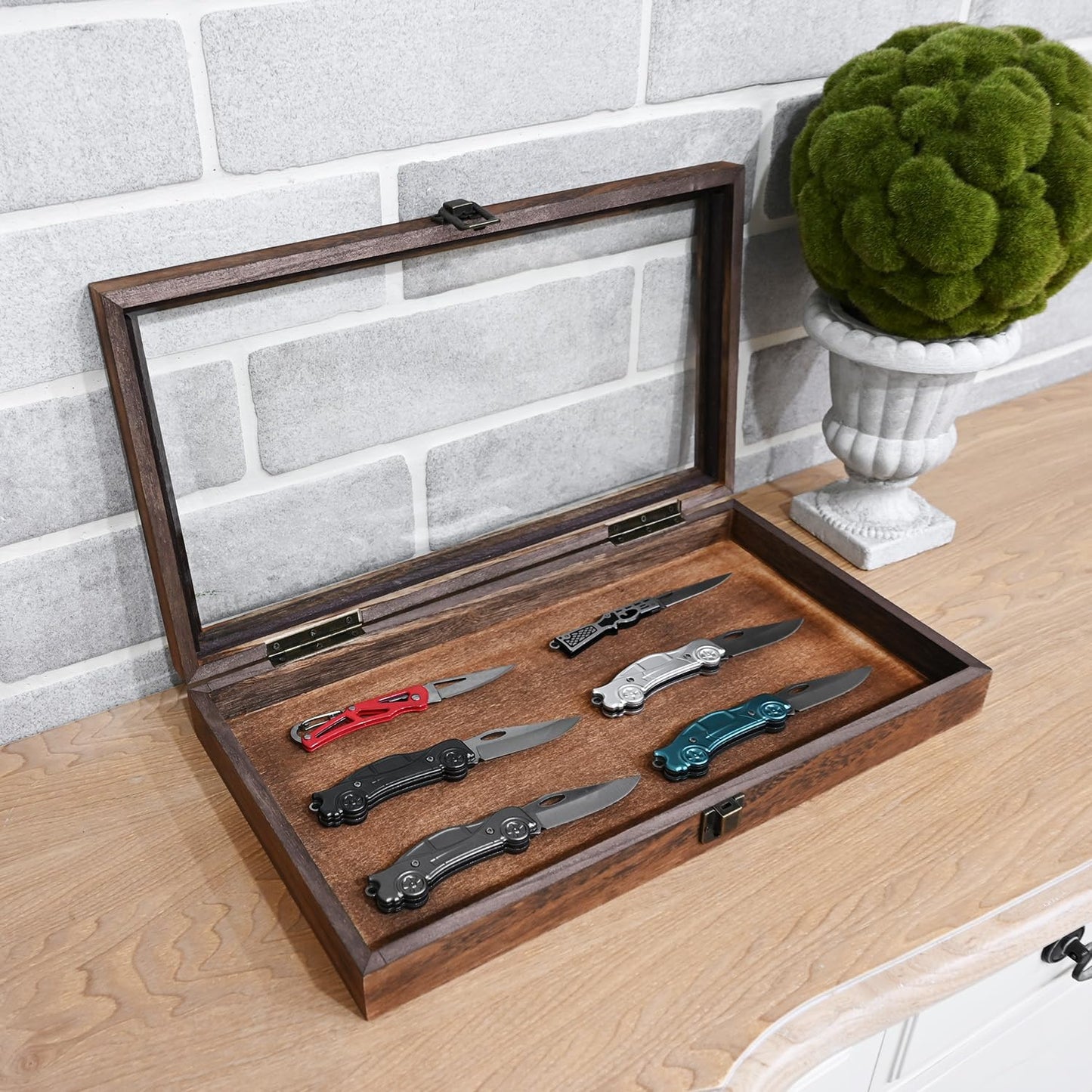 2 Pcs Wood Tempered Glass Top Jewelry Display Case Accessories Storage Box with Metal Clasp, Wooden Jewelry Tray for Collectibles, Pocket Knife Display Case, Brown Color