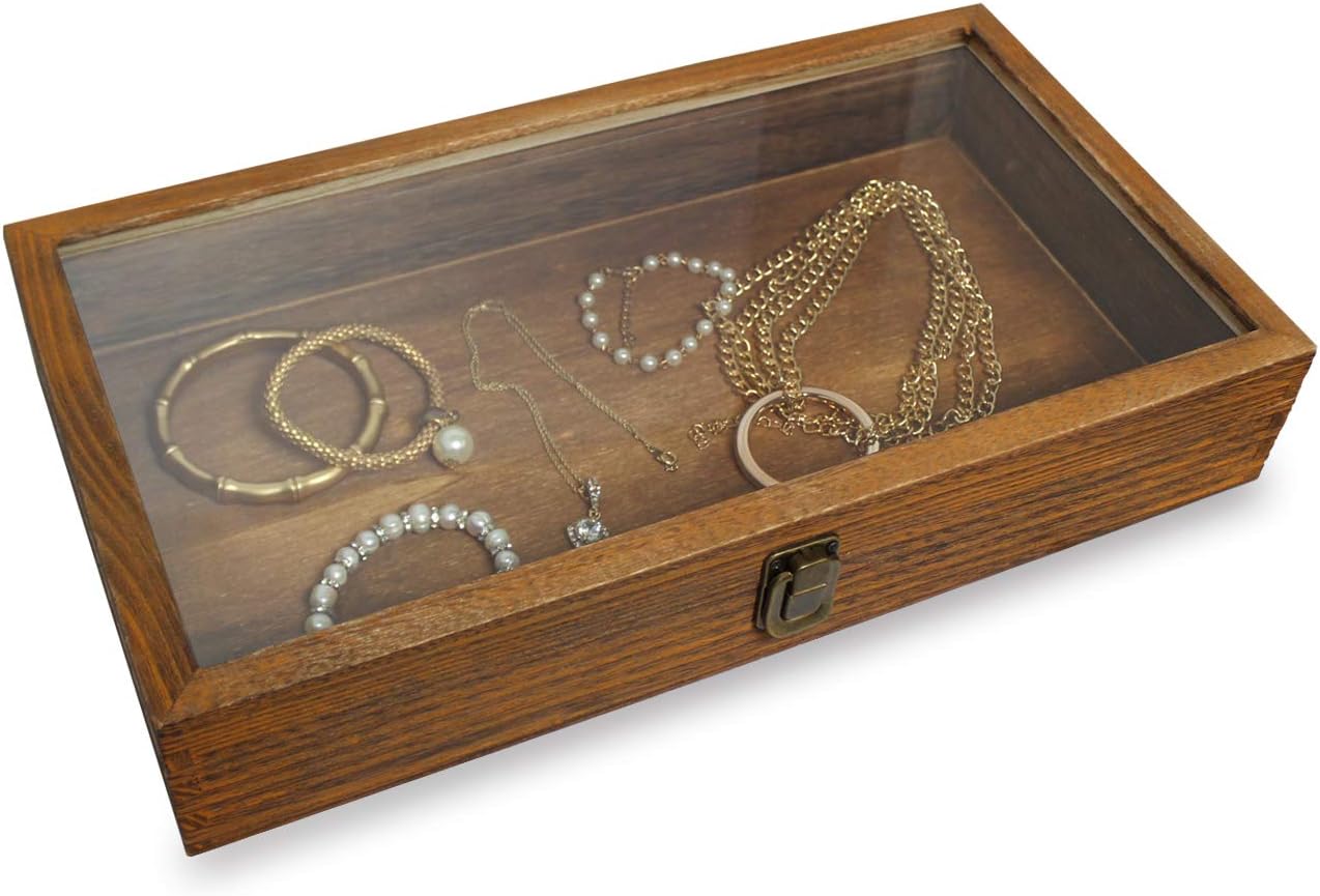 2 Pcs Wood Tempered Glass Top Jewelry Display Case Accessories Storage Box with Metal Clasp, Wooden Jewelry Tray for Collectibles, Pocket Knife Display Case, Brown Color
