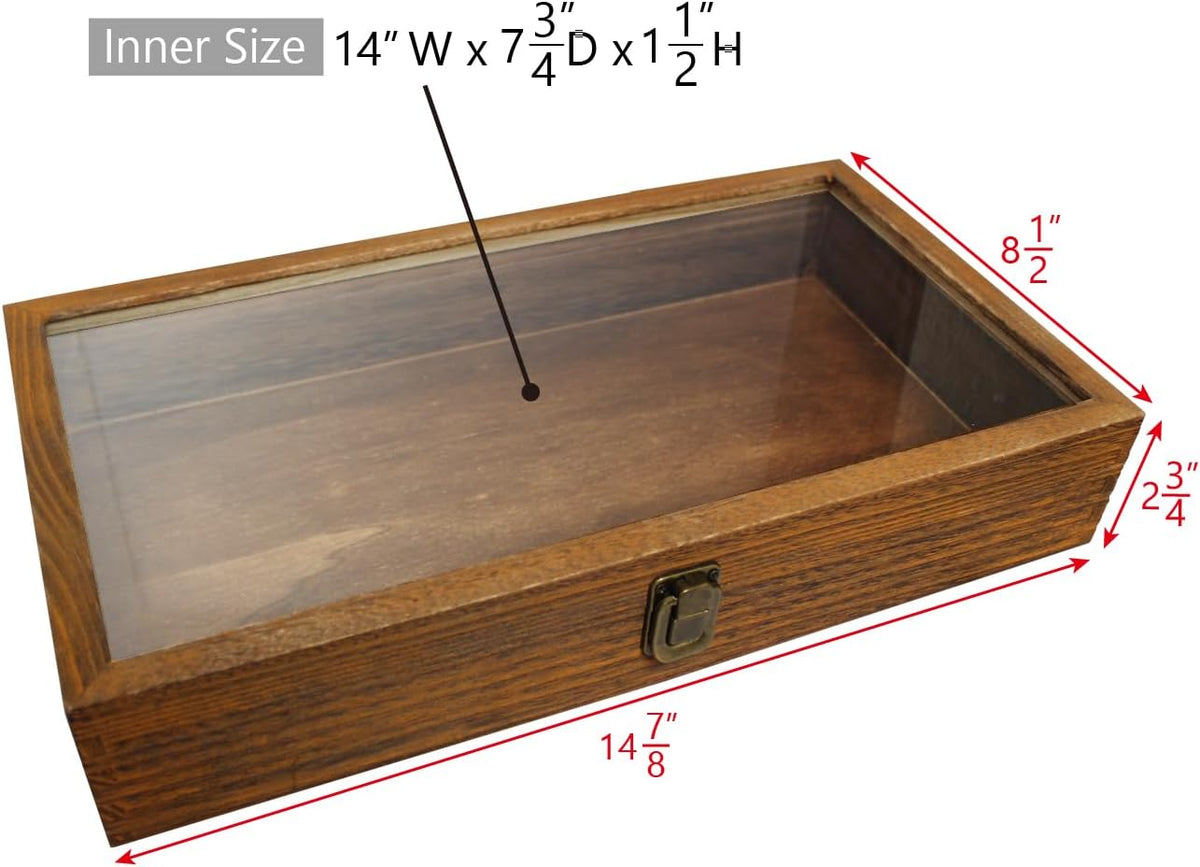 2 Pcs Wood Tempered Glass Top Jewelry Display Case Accessories Storage Box with Metal Clasp, Wooden Jewelry Tray for Collectibles, Pocket Knife Display Case, Brown Color