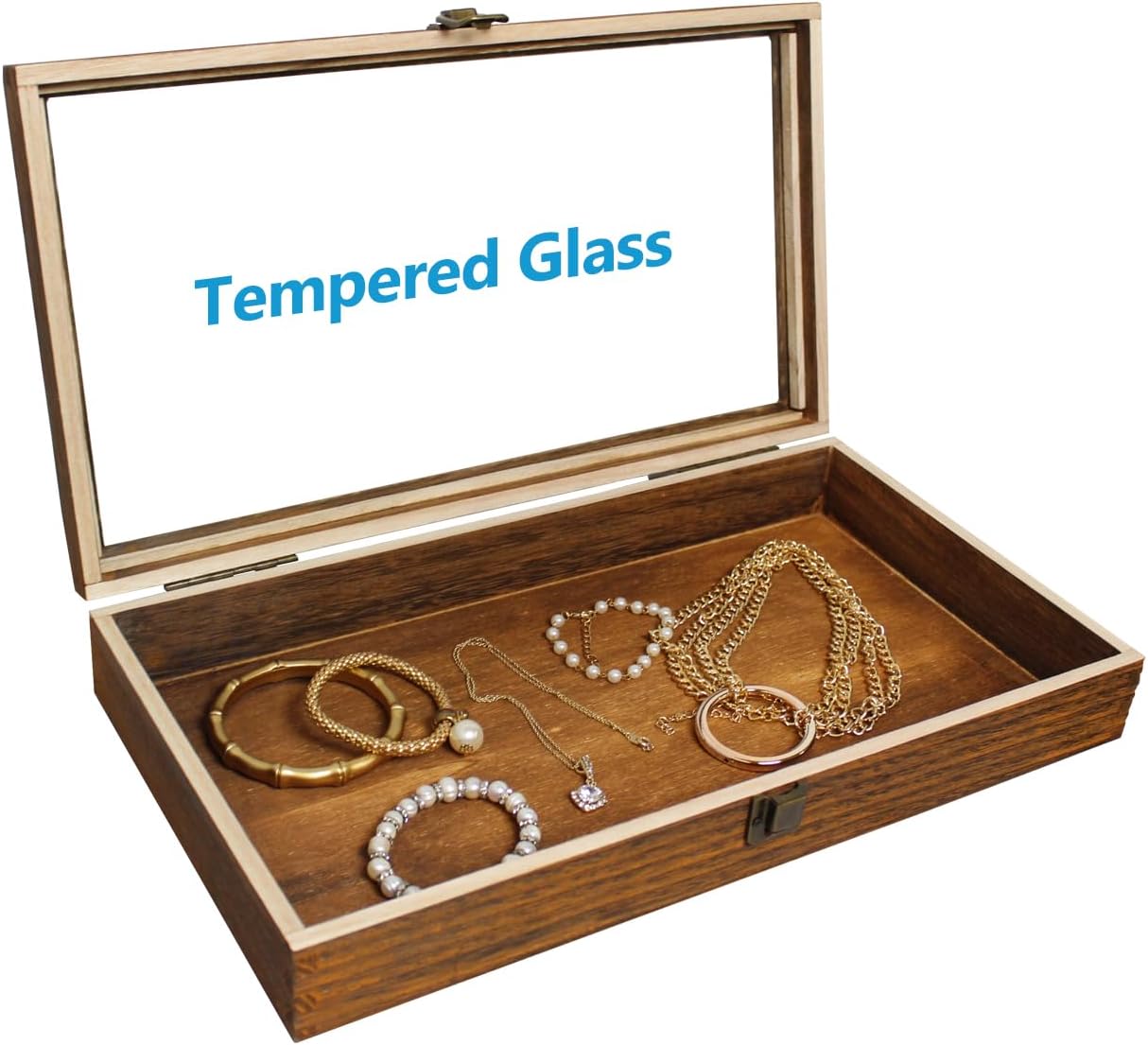 2 Pcs Wood Tempered Glass Top Jewelry Display Case Accessories Storage Box with Metal Clasp, Wooden Jewelry Tray for Collectibles, Pocket Knife Display Case, Brown Color