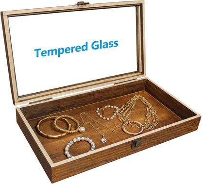 2 Pcs Wood Tempered Glass Top Jewelry Display Case Accessories Storage Box with Metal Clasp, Wooden Jewelry Tray for Collectibles, Pocket Knife Display Case, Brown Color