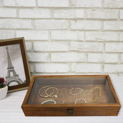2 Pcs Wood Tempered Glass Top Jewelry Display Case Accessories Storage Box with Metal Clasp, Wooden Jewelry Tray for Collectibles, Pocket Knife Display Case, Brown Color