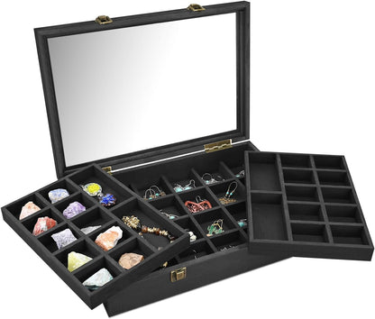 2 Pcs Wood Tempered Glass Top Jewelry Display Case Accessories Storage Box with Metal Clasp, Wooden Jewelry Tray for Collectibles, Pocket Knife Display Case, Brown Color