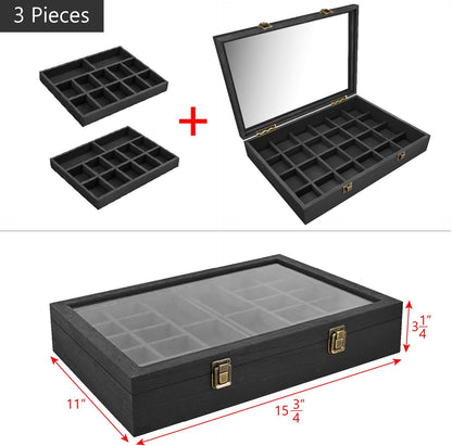 2 Pcs Wood Tempered Glass Top Jewelry Display Case Accessories Storage Box with Metal Clasp, Wooden Jewelry Tray for Collectibles, Pocket Knife Display Case, Brown Color