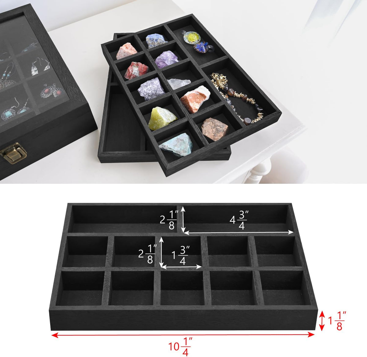 2 Pcs Wood Tempered Glass Top Jewelry Display Case Accessories Storage Box with Metal Clasp, Wooden Jewelry Tray for Collectibles, Pocket Knife Display Case, Brown Color