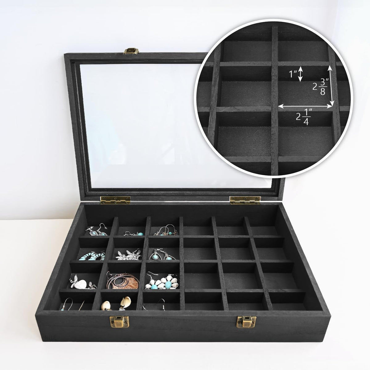 2 Pcs Wood Tempered Glass Top Jewelry Display Case Accessories Storage Box with Metal Clasp, Wooden Jewelry Tray for Collectibles, Pocket Knife Display Case, Brown Color