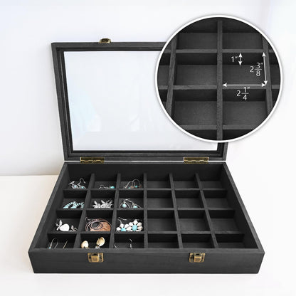 2 Pcs Wood Tempered Glass Top Jewelry Display Case Accessories Storage Box with Metal Clasp, Wooden Jewelry Tray for Collectibles, Pocket Knife Display Case, Brown Color