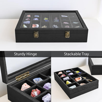 2 Pcs Wood Tempered Glass Top Jewelry Display Case Accessories Storage Box with Metal Clasp, Wooden Jewelry Tray for Collectibles, Pocket Knife Display Case, Brown Color