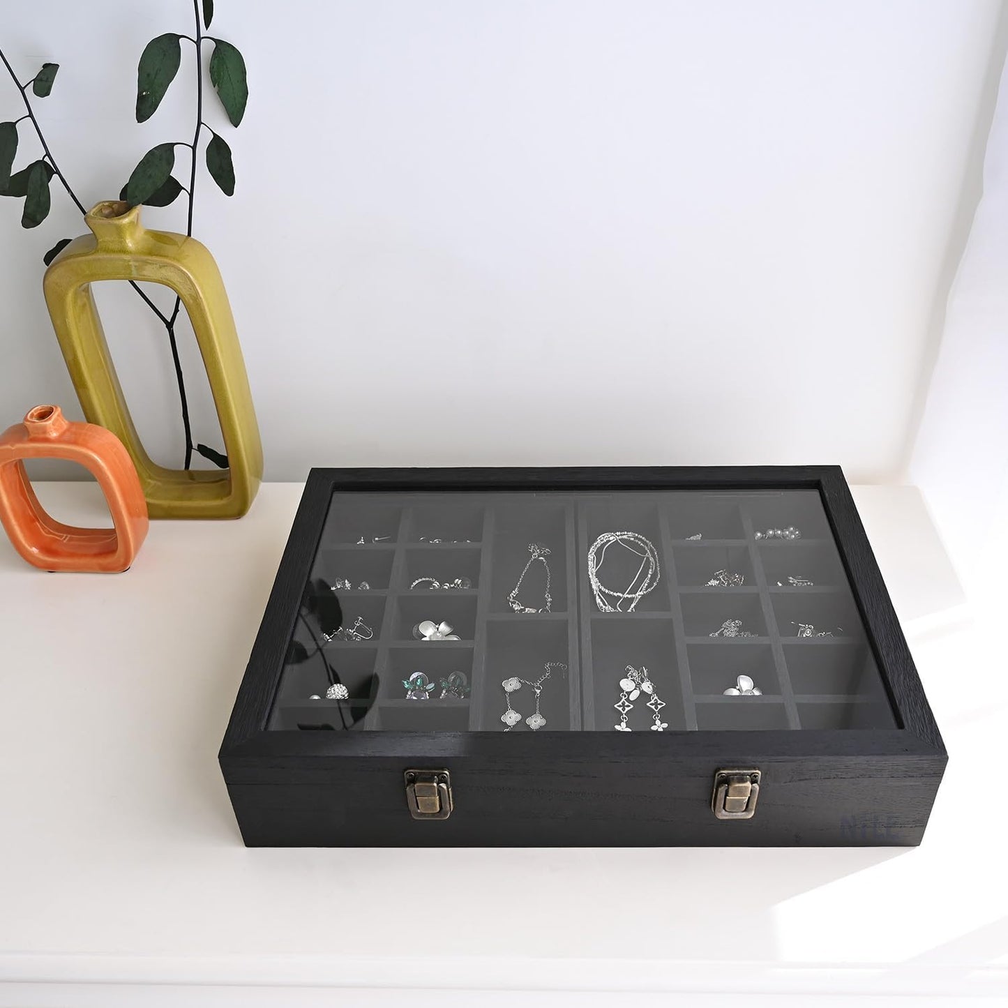 2 Pcs Wood Tempered Glass Top Jewelry Display Case Accessories Storage Box with Metal Clasp, Wooden Jewelry Tray for Collectibles, Pocket Knife Display Case, Brown Color