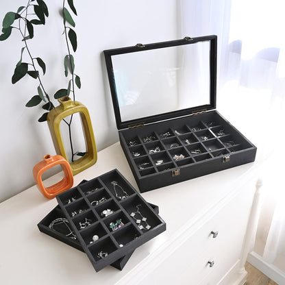 2 Pcs Wood Tempered Glass Top Jewelry Display Case Accessories Storage Box with Metal Clasp, Wooden Jewelry Tray for Collectibles, Pocket Knife Display Case, Brown Color