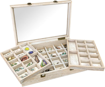 2 Pcs Wood Tempered Glass Top Jewelry Display Case Accessories Storage Box with Metal Clasp, Wooden Jewelry Tray for Collectibles, Pocket Knife Display Case, Brown Color