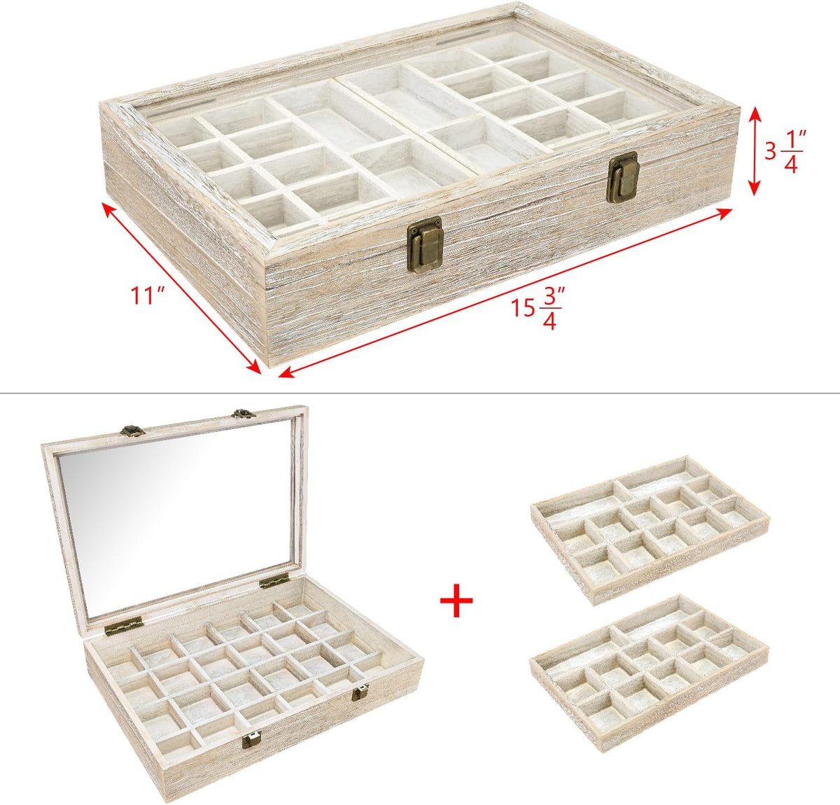 2 Pcs Wood Tempered Glass Top Jewelry Display Case Accessories Storage Box with Metal Clasp, Wooden Jewelry Tray for Collectibles, Pocket Knife Display Case, Brown Color