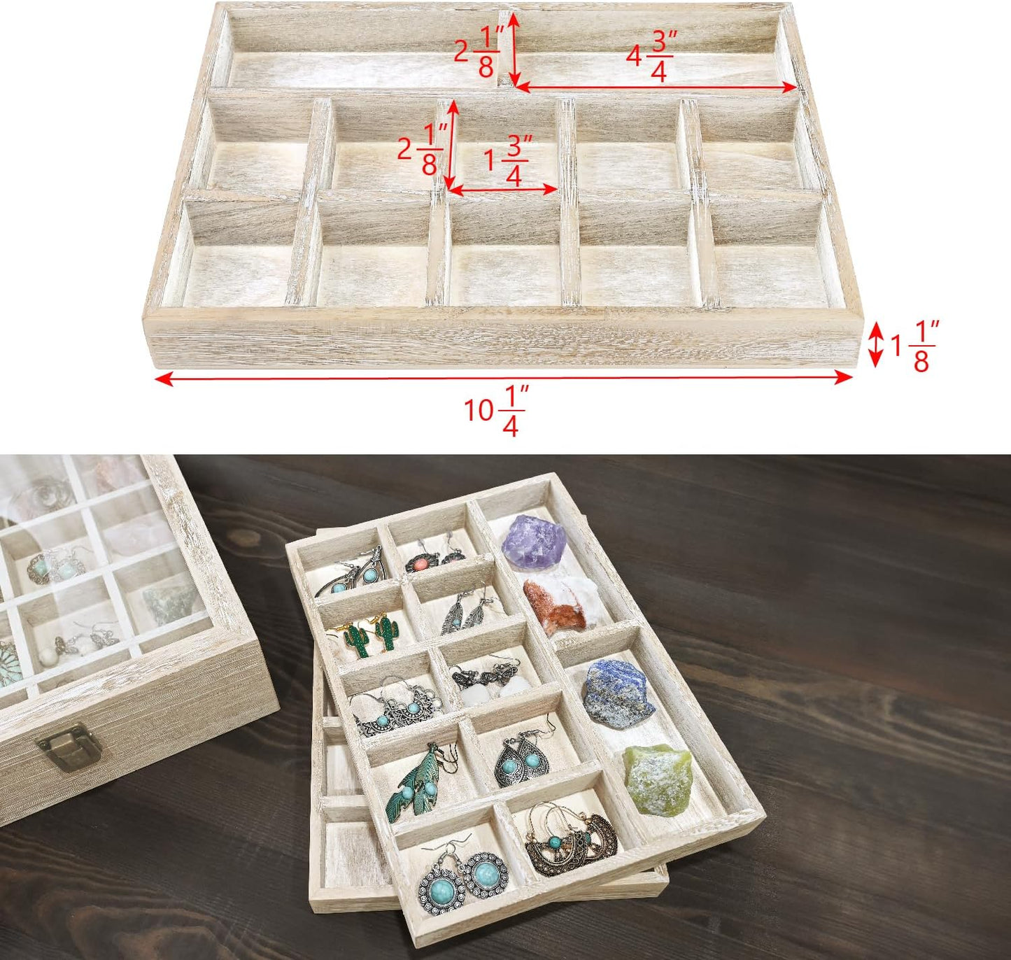 2 Pcs Wood Tempered Glass Top Jewelry Display Case Accessories Storage Box with Metal Clasp, Wooden Jewelry Tray for Collectibles, Pocket Knife Display Case, Brown Color