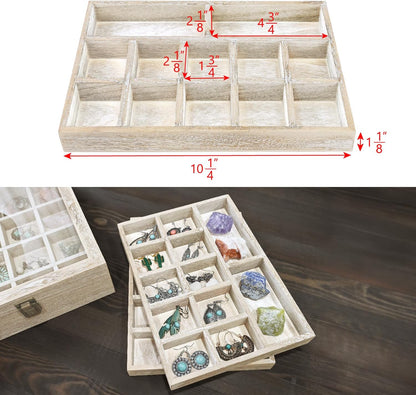 2 Pcs Wood Tempered Glass Top Jewelry Display Case Accessories Storage Box with Metal Clasp, Wooden Jewelry Tray for Collectibles, Pocket Knife Display Case, Brown Color