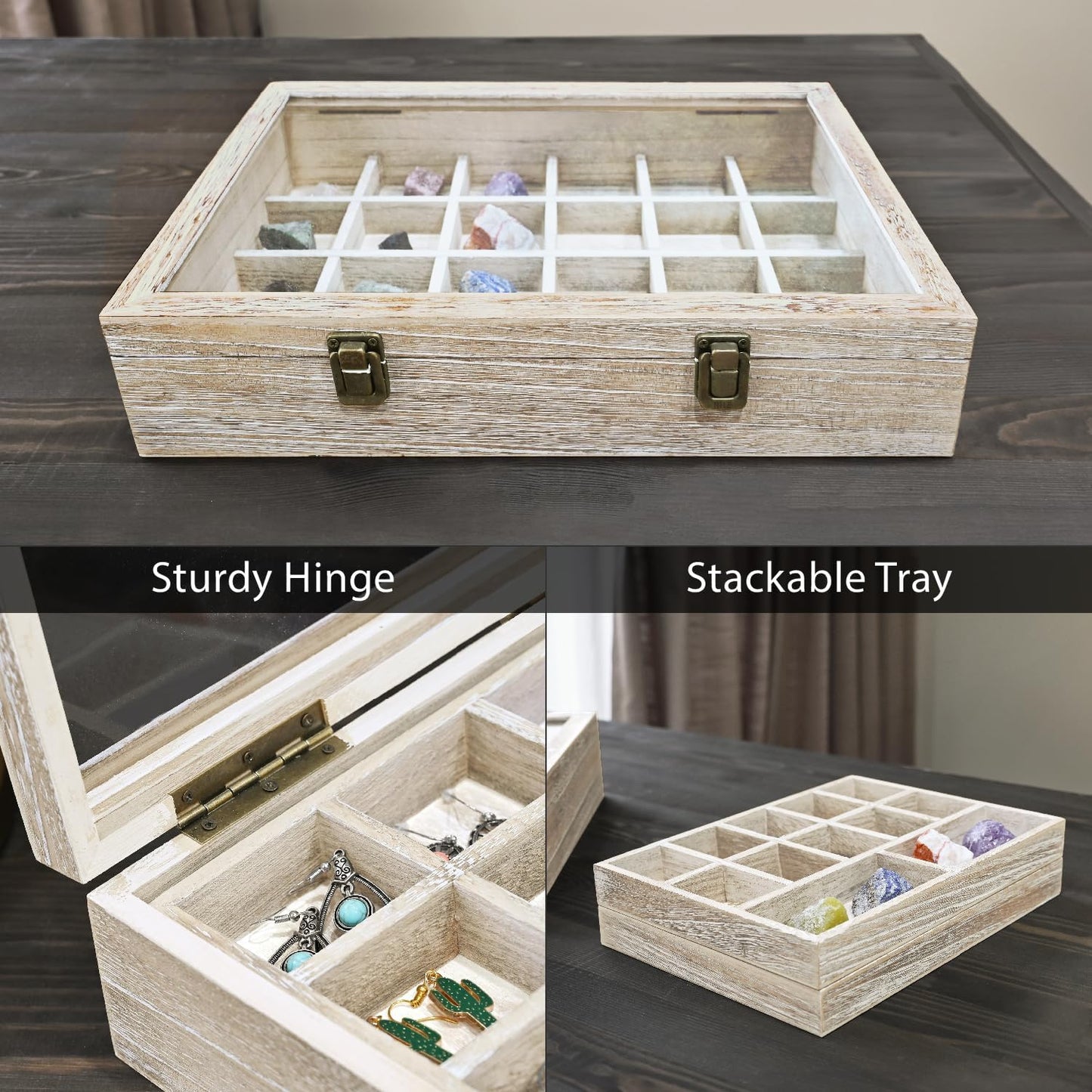 2 Pcs Wood Tempered Glass Top Jewelry Display Case Accessories Storage Box with Metal Clasp, Wooden Jewelry Tray for Collectibles, Pocket Knife Display Case, Brown Color