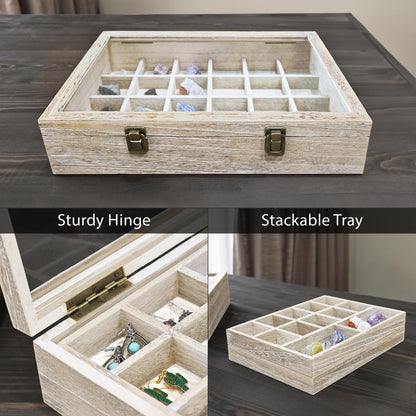 2 Pcs Wood Tempered Glass Top Jewelry Display Case Accessories Storage Box with Metal Clasp, Wooden Jewelry Tray for Collectibles, Pocket Knife Display Case, Brown Color
