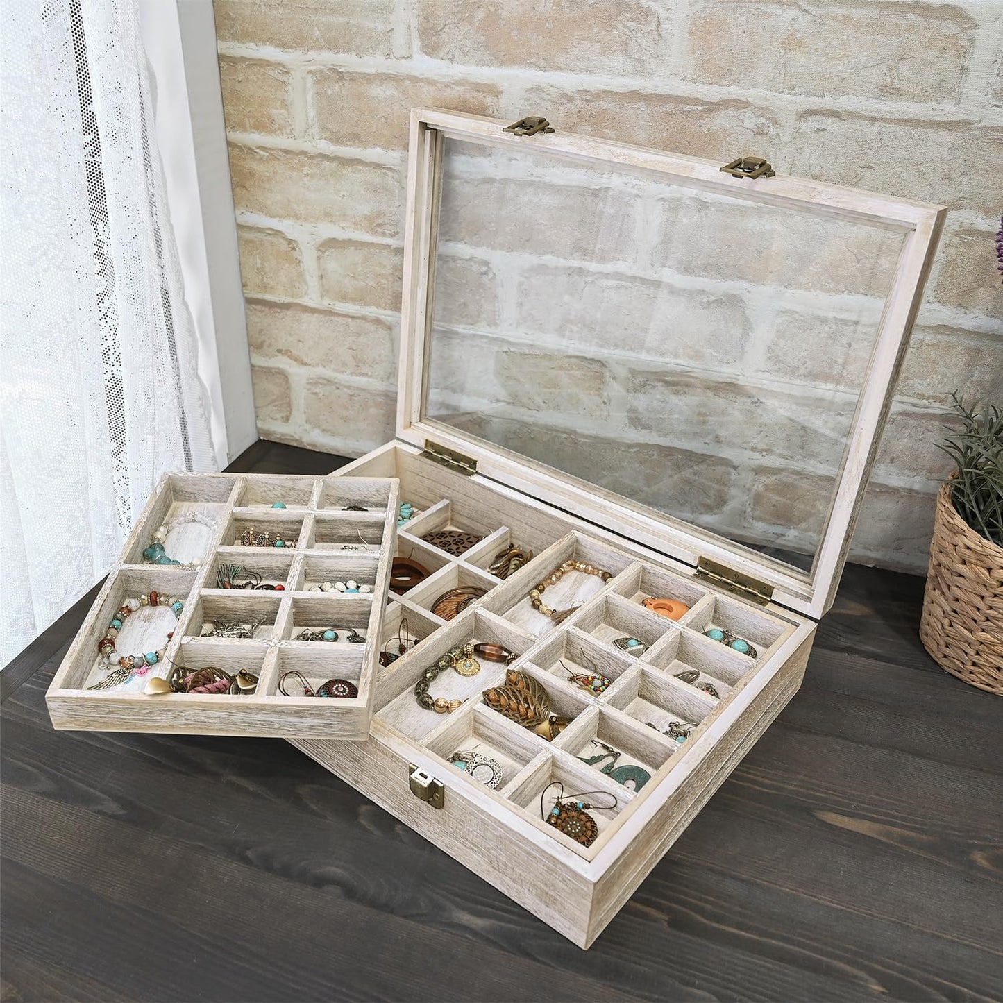 2 Pcs Wood Tempered Glass Top Jewelry Display Case Accessories Storage Box with Metal Clasp, Wooden Jewelry Tray for Collectibles, Pocket Knife Display Case, Brown Color
