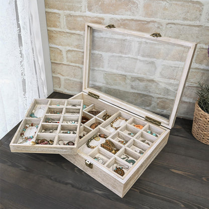 2 Pcs Wood Tempered Glass Top Jewelry Display Case Accessories Storage Box with Metal Clasp, Wooden Jewelry Tray for Collectibles, Pocket Knife Display Case, Brown Color