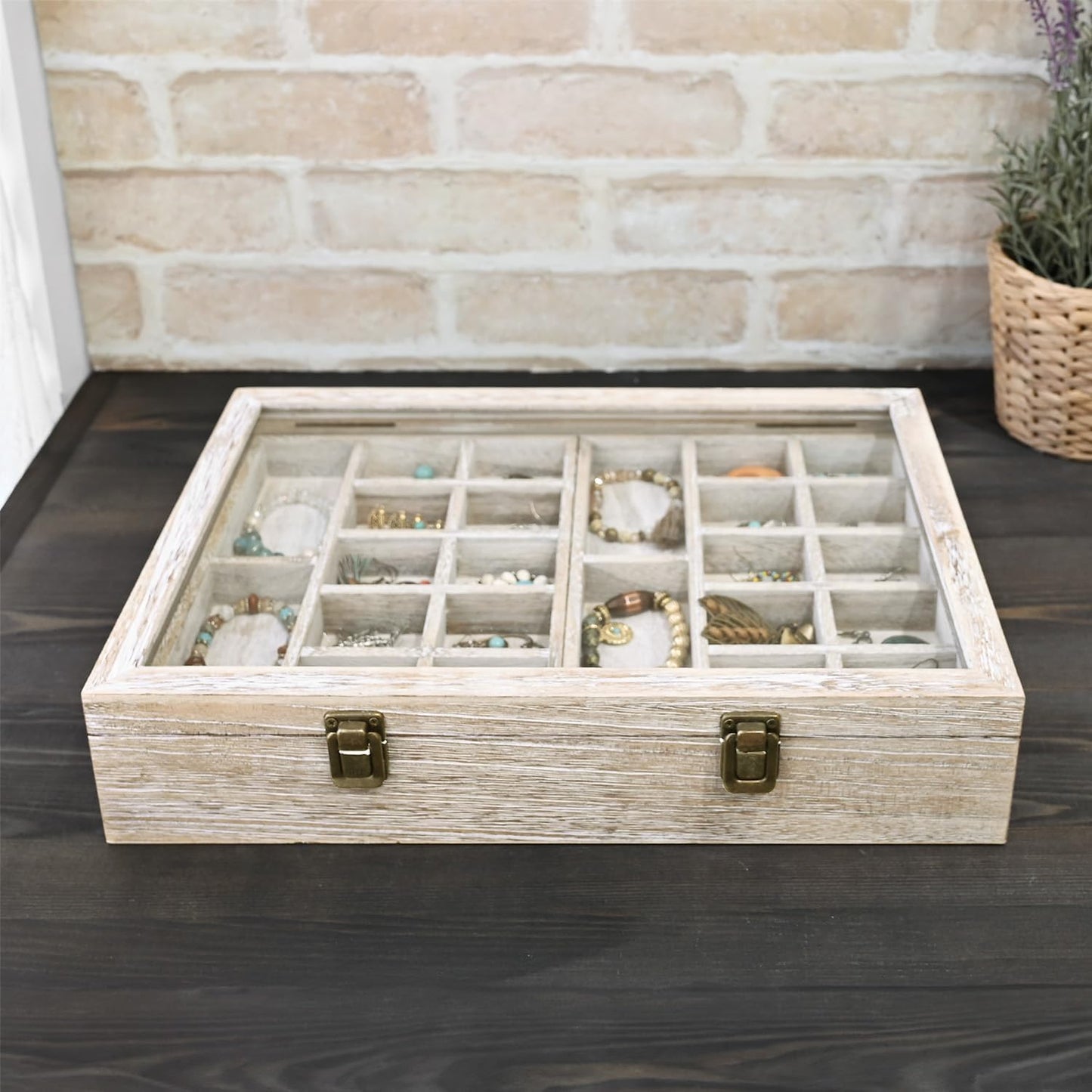 2 Pcs Wood Tempered Glass Top Jewelry Display Case Accessories Storage Box with Metal Clasp, Wooden Jewelry Tray for Collectibles, Pocket Knife Display Case, Brown Color