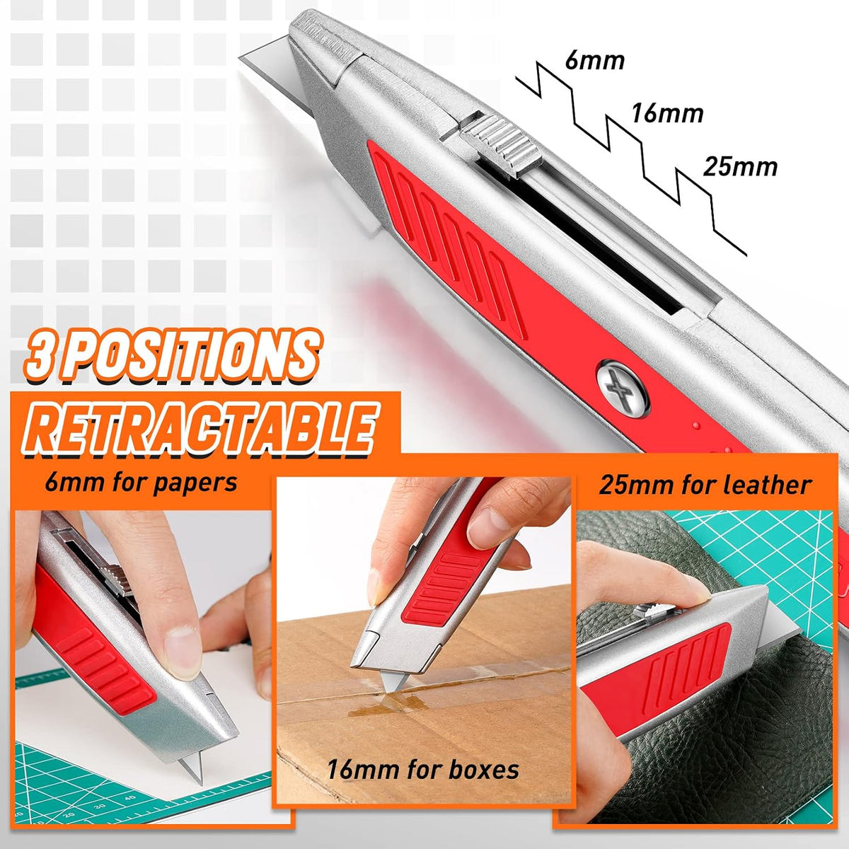 Box Cutter Retractable, Heavy-Duty Utility Knife, Metal Body