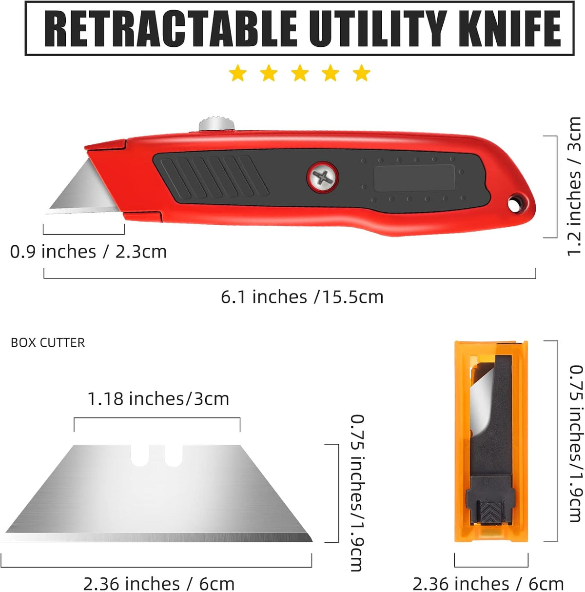 Box Cutter Retractable, Heavy-Duty Utility Knife, Metal Body