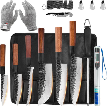 FULLHI 18pcs Japanese Gyuto Chef Knife set Professional Hand Forged Kitchen Chef Knife, 3 Layers 9CR18MOV High Carbon Meat Sushi Knife Rosewood Handle with knife bag