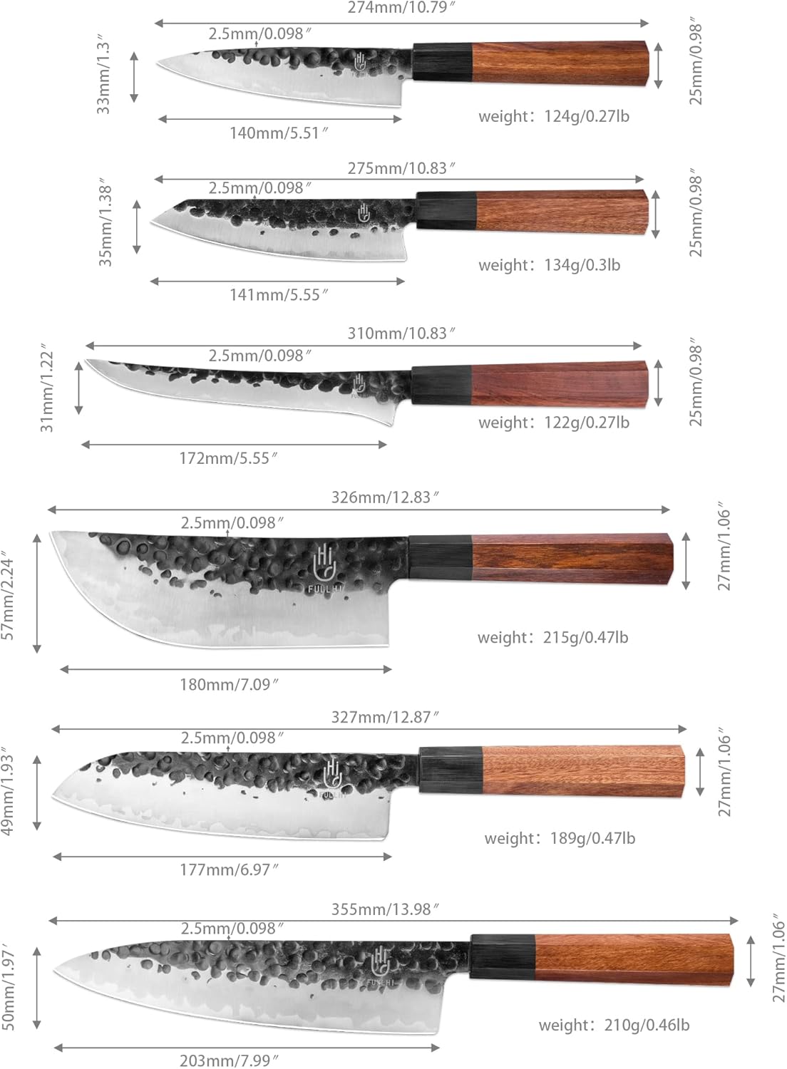 FULLHI 18pcs Japanese Gyuto Chef Knife set Professional Hand Forged Kitchen Chef Knife, 3 Layers 9CR18MOV High Carbon Meat Sushi Knife Rosewood Handle with knife bag