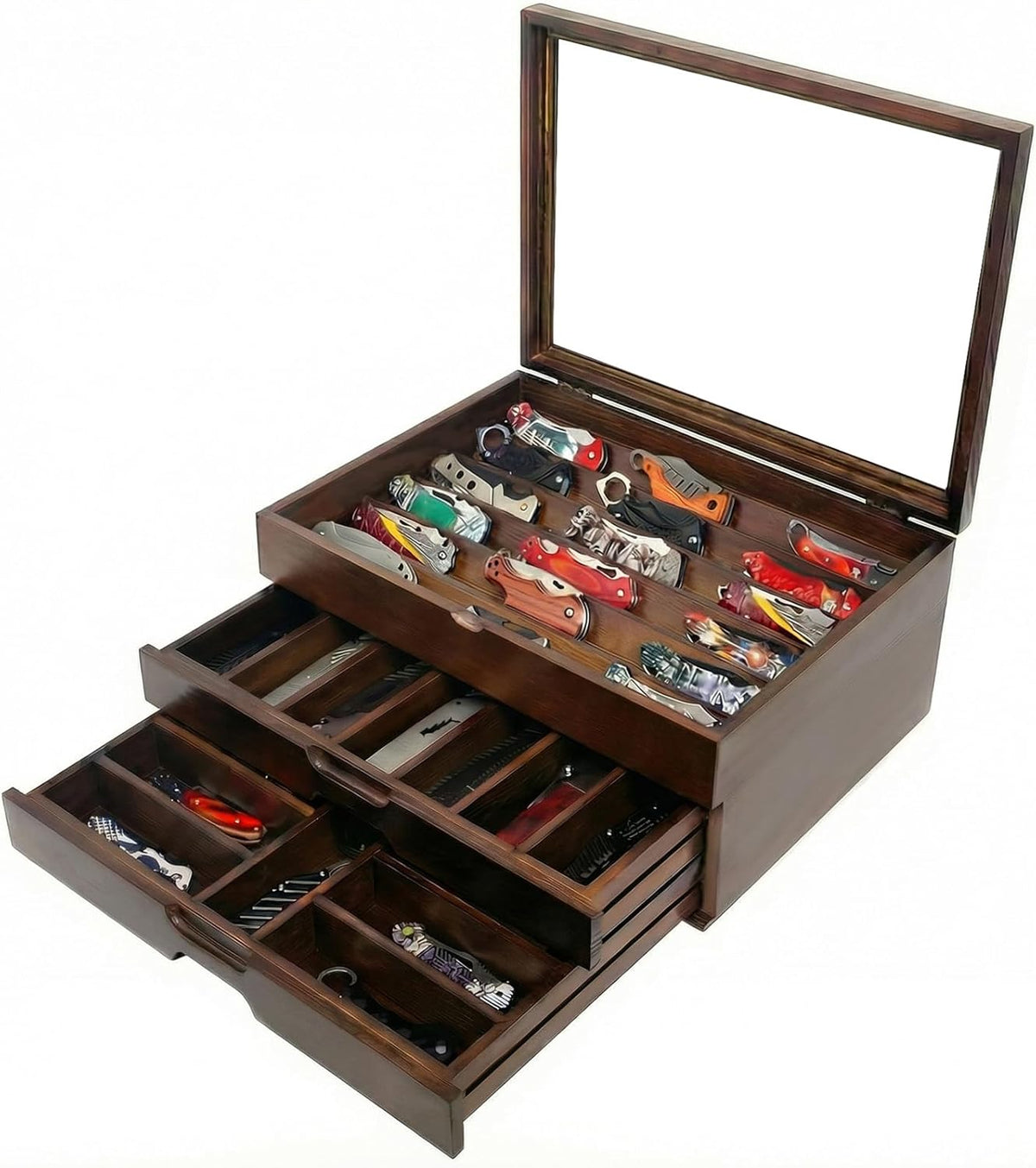 Knife Display Case,Walnut,AHK-072 | Holds 43+ Knives, Large 3-Tier Wooden Organizer, Glass Top, Drawer