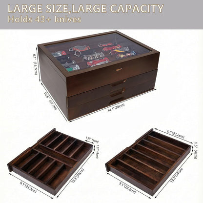 Knife Display Case,Walnut,AHK-072 | Holds 43+ Knives, Large 3-Tier Wooden Organizer, Glass Top, Drawer
