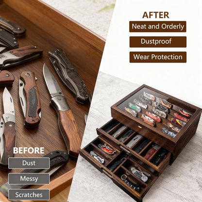 Knife Display Case,Walnut,AHK-072 | Holds 43+ Knives, Large 3-Tier Wooden Organizer, Glass Top, Drawer