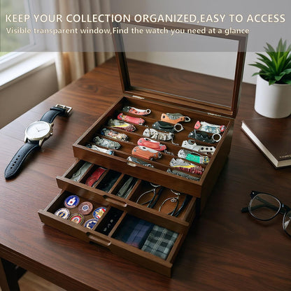 Knife Display Case,Walnut,AHK-072 | Holds 43+ Knives, Large 3-Tier Wooden Organizer, Glass Top, Drawer
