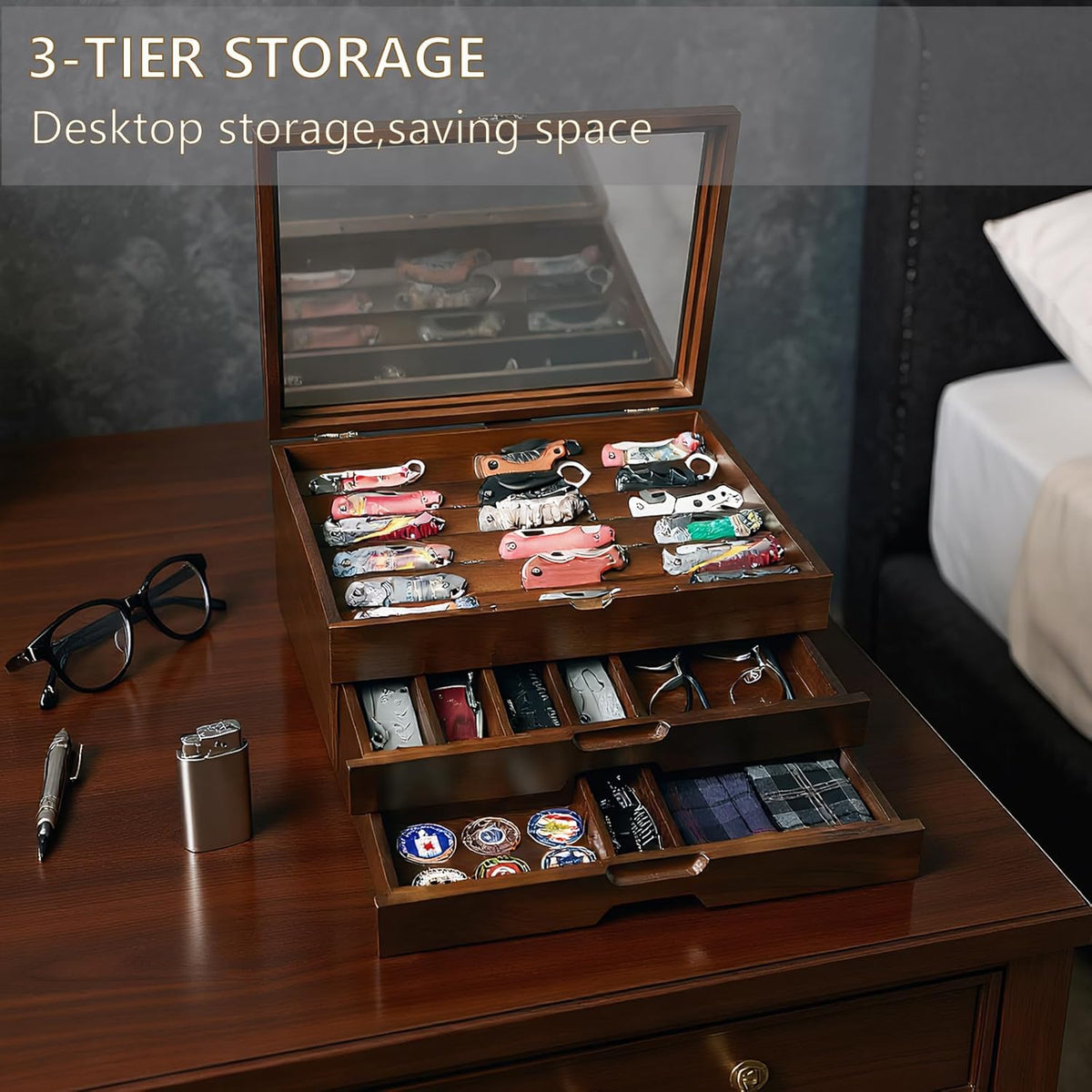 Knife Display Case,Walnut,AHK-072 | Holds 43+ Knives, Large 3-Tier Wooden Organizer, Glass Top, Drawer