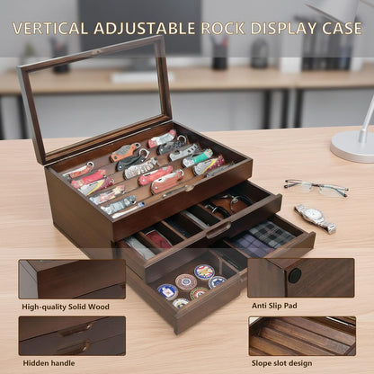 Knife Display Case,Walnut,AHK-072 | Holds 43+ Knives, Large 3-Tier Wooden Organizer, Glass Top, Drawer