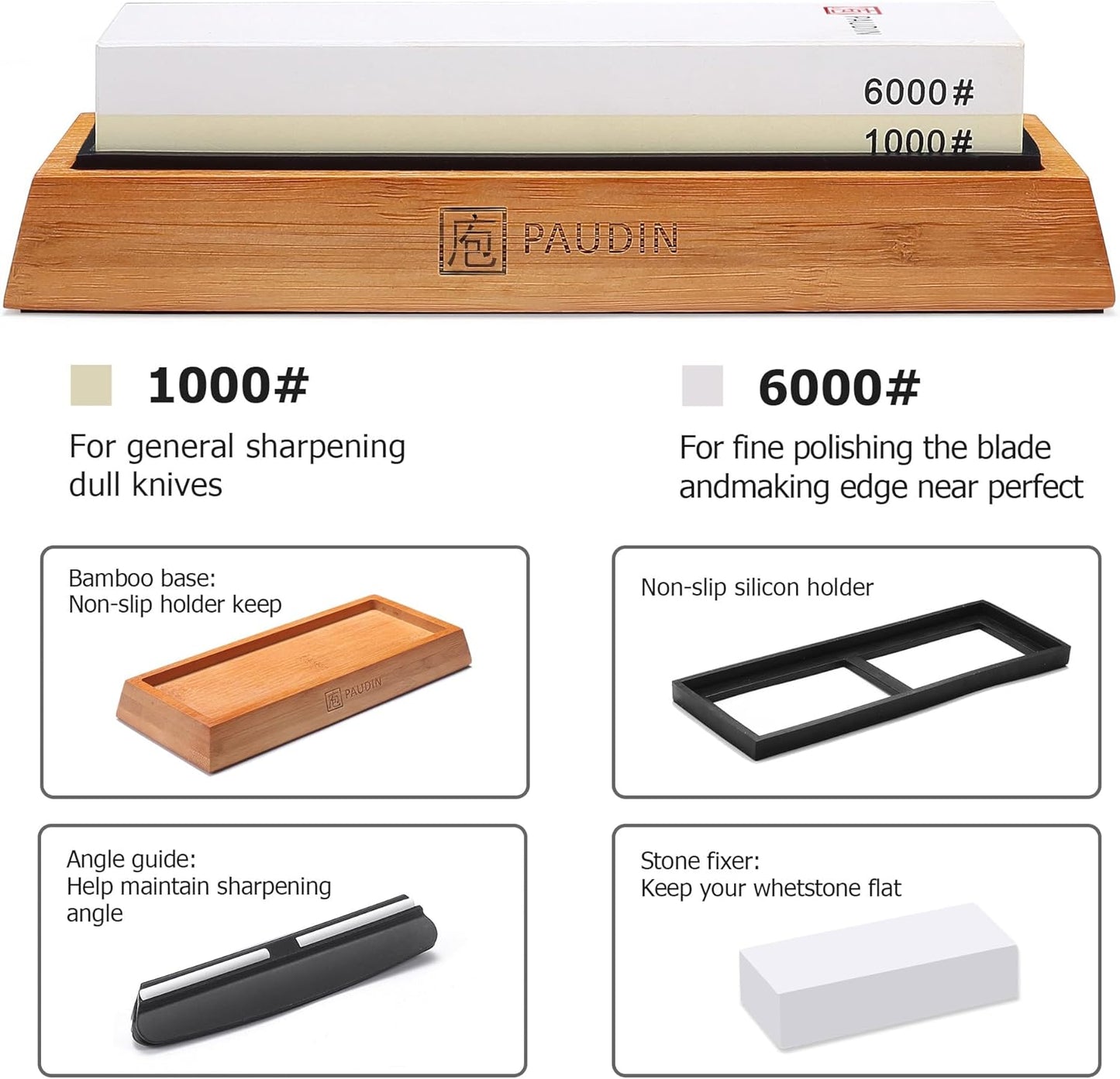Premium Whetstone Knife Sharpener Stone Kit 1000/6000 Grit - Japanese Waterstone Sharpening Stones for Knives with Flattening Stone, Bamboo Base, NonSlip Base, Angle Guide & Water absorber