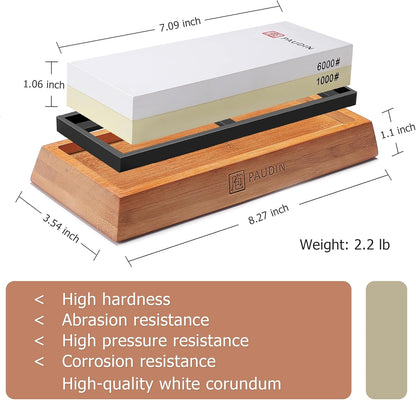 Premium Whetstone Knife Sharpener Stone Kit 1000/6000 Grit - Japanese Waterstone Sharpening Stones for Knives with Flattening Stone, Bamboo Base, NonSlip Base, Angle Guide & Water absorber