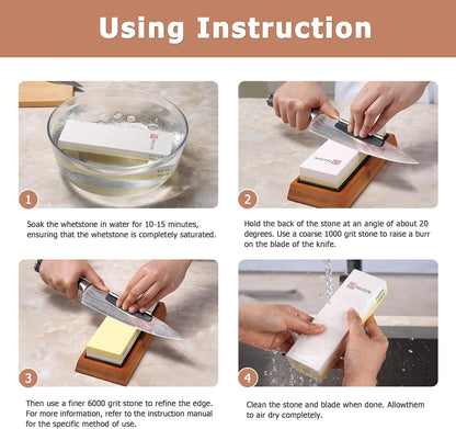 Premium Whetstone Knife Sharpener Stone Kit 1000/6000 Grit - Japanese Waterstone Sharpening Stones for Knives with Flattening Stone, Bamboo Base, NonSlip Base, Angle Guide & Water absorber