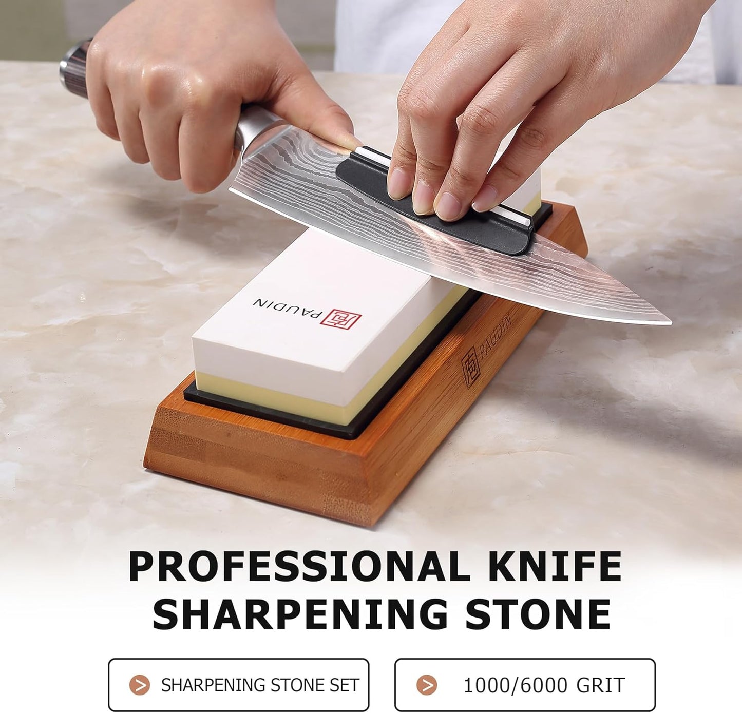 Premium Whetstone Knife Sharpener Stone Kit 1000/6000 Grit - Japanese Waterstone Sharpening Stones for Knives with Flattening Stone, Bamboo Base, NonSlip Base, Angle Guide & Water absorber