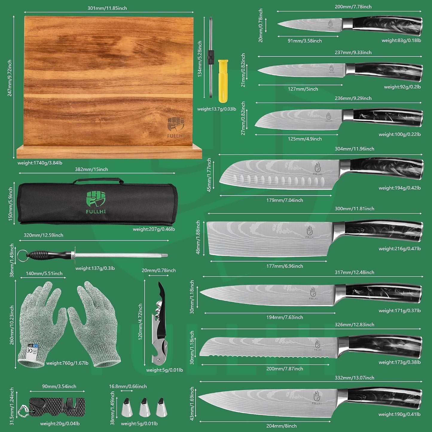 FULLHI Knife Set, 14pcs Japanese Knives Set, Multiple Colour Premium German Stainless Steel Chef Knife Set