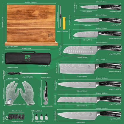 FULLHI Knife Set, 14pcs Japanese Knives Set, Multiple Colour Premium German Stainless Steel Chef Knife Set