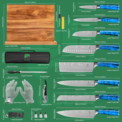 FULLHI Knife Set, 14pcs Japanese Knives Set, Multiple Colour Premium German Stainless Steel Chef Knife Set