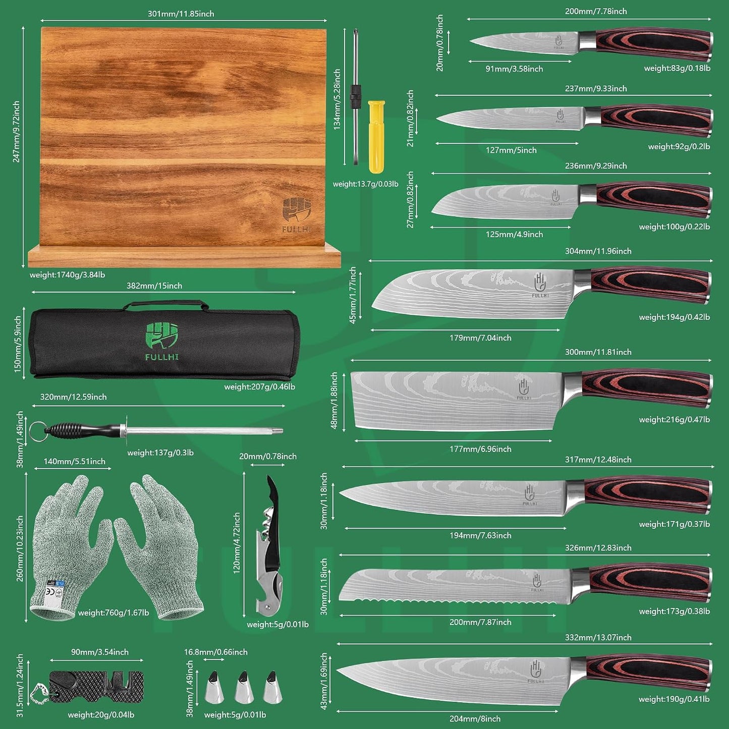 FULLHI Knife Set, 14pcs Japanese Knives Set, Multiple Colour Premium German Stainless Steel Chef Knife Set