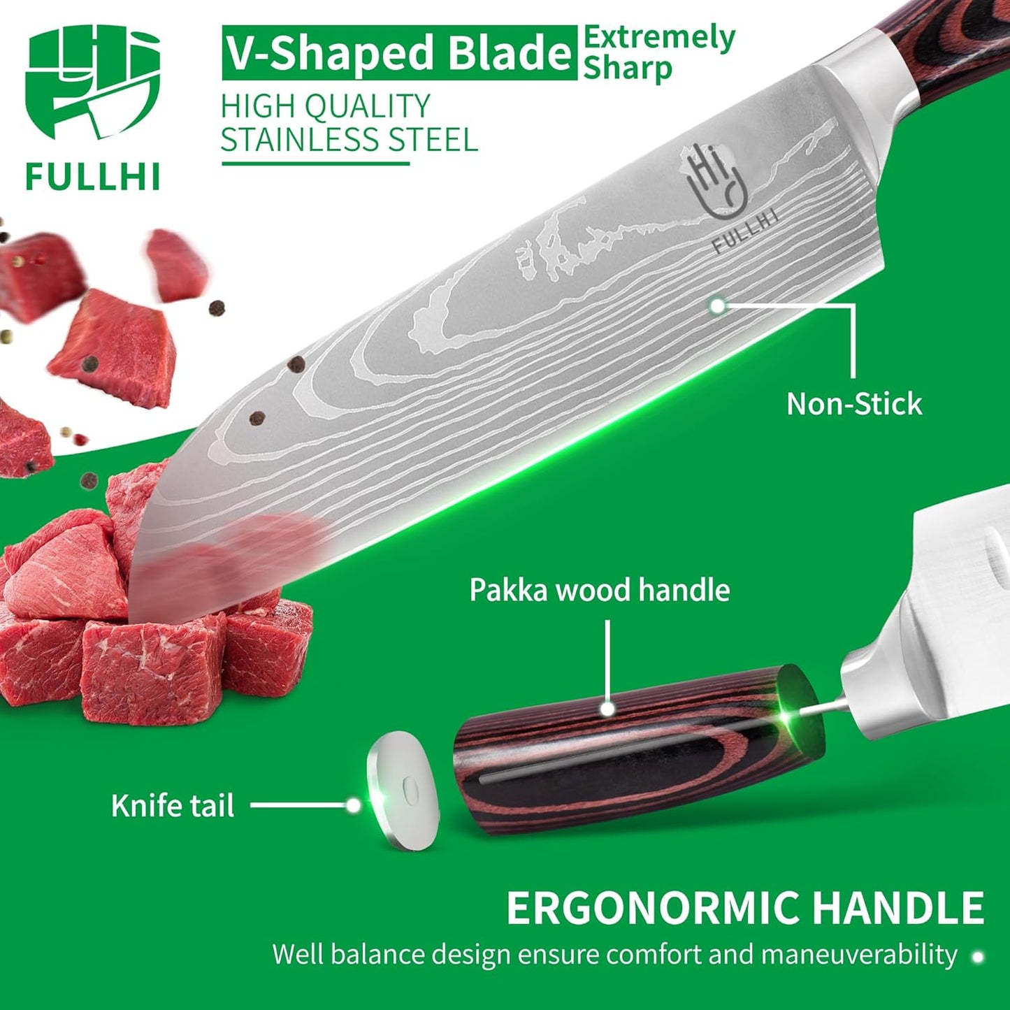 FULLHI Knife Set, 14pcs Japanese Knives Set, Multiple Colour Premium German Stainless Steel Chef Knife Set