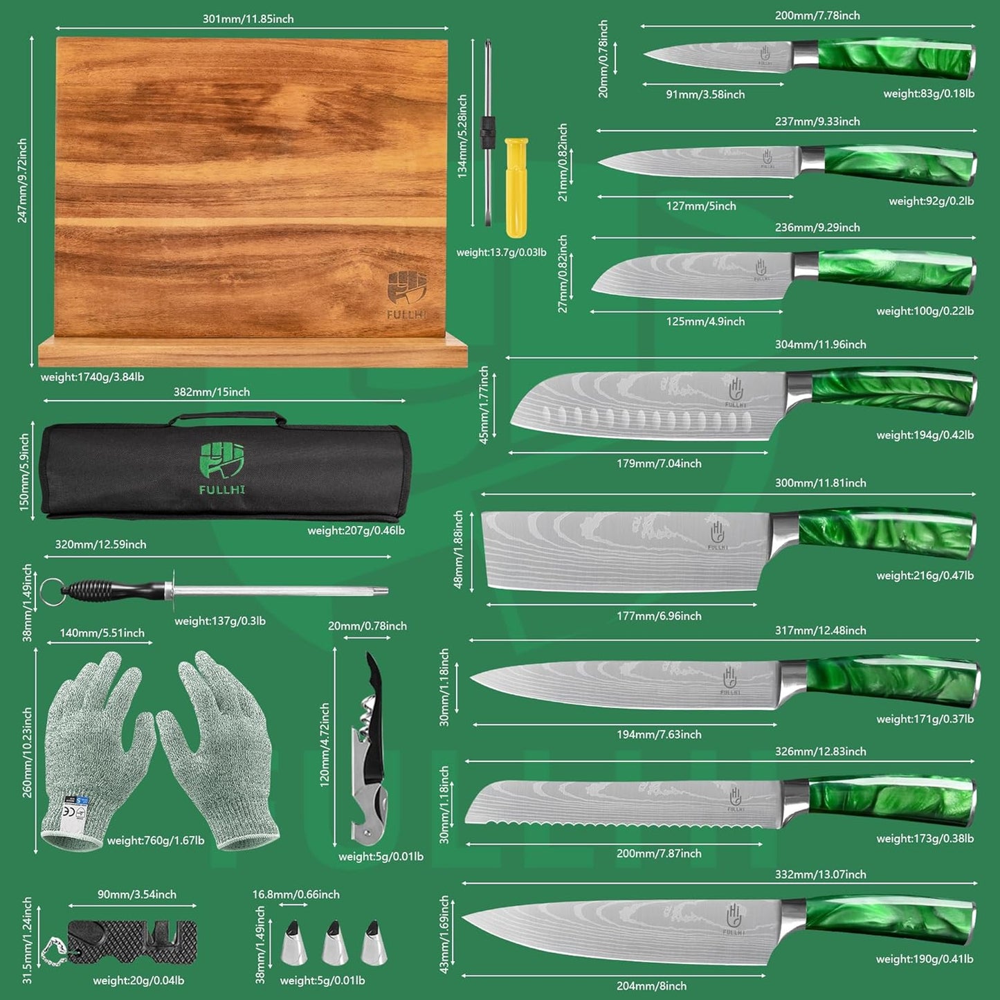 FULLHI Knife Set, 14pcs Japanese Knives Set, Multiple Colour Premium German Stainless Steel Chef Knife Set